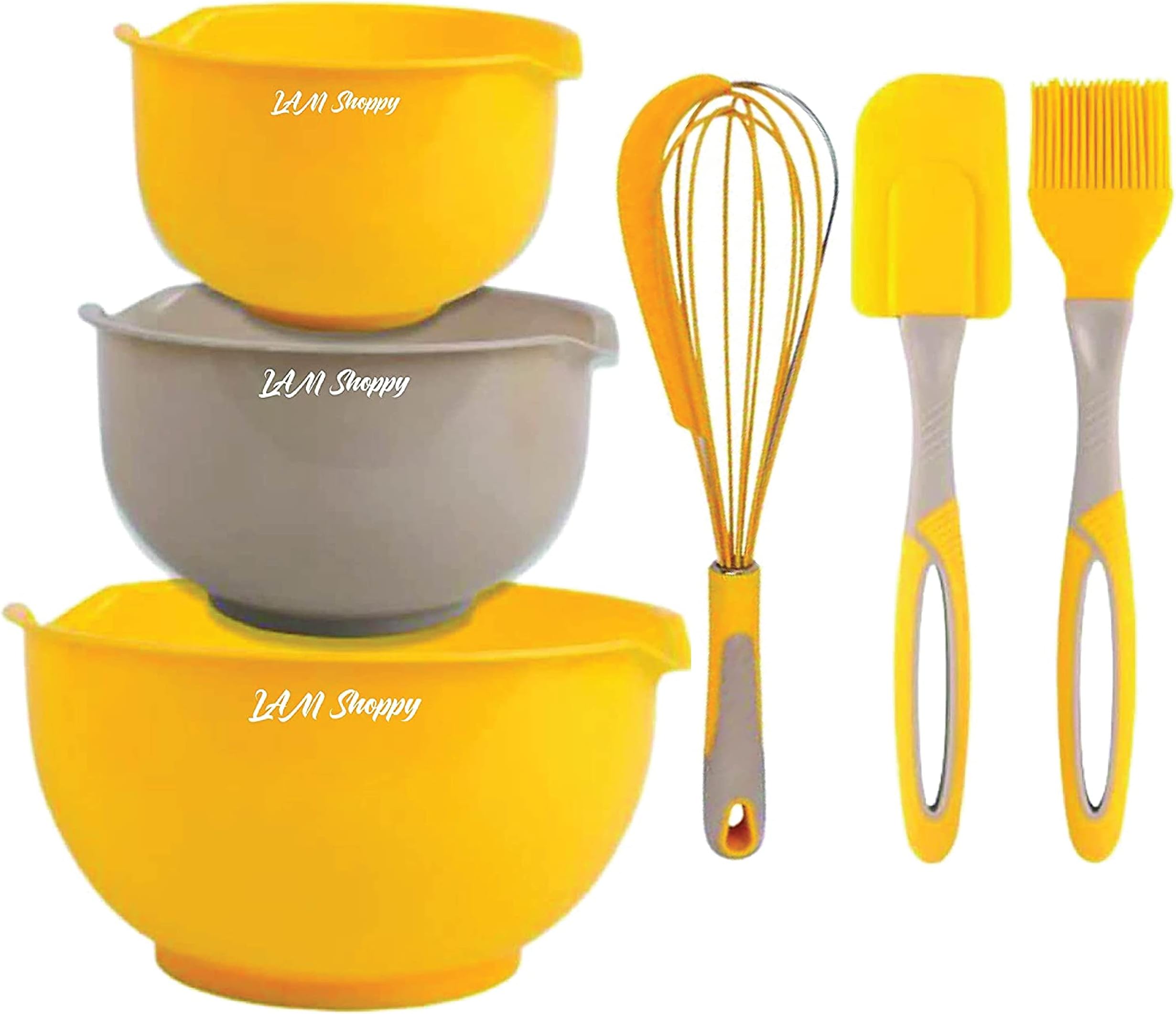 LAM Shoppy Mixing Bowl Set with lids Bottom, Plastic Nesting Bowl Salad Bowl include set of 6 Baking Tools set 1 Silicone Whisk 1 Heat Resistant Silicone Spatula 1 Oil BBQ Grill Brush