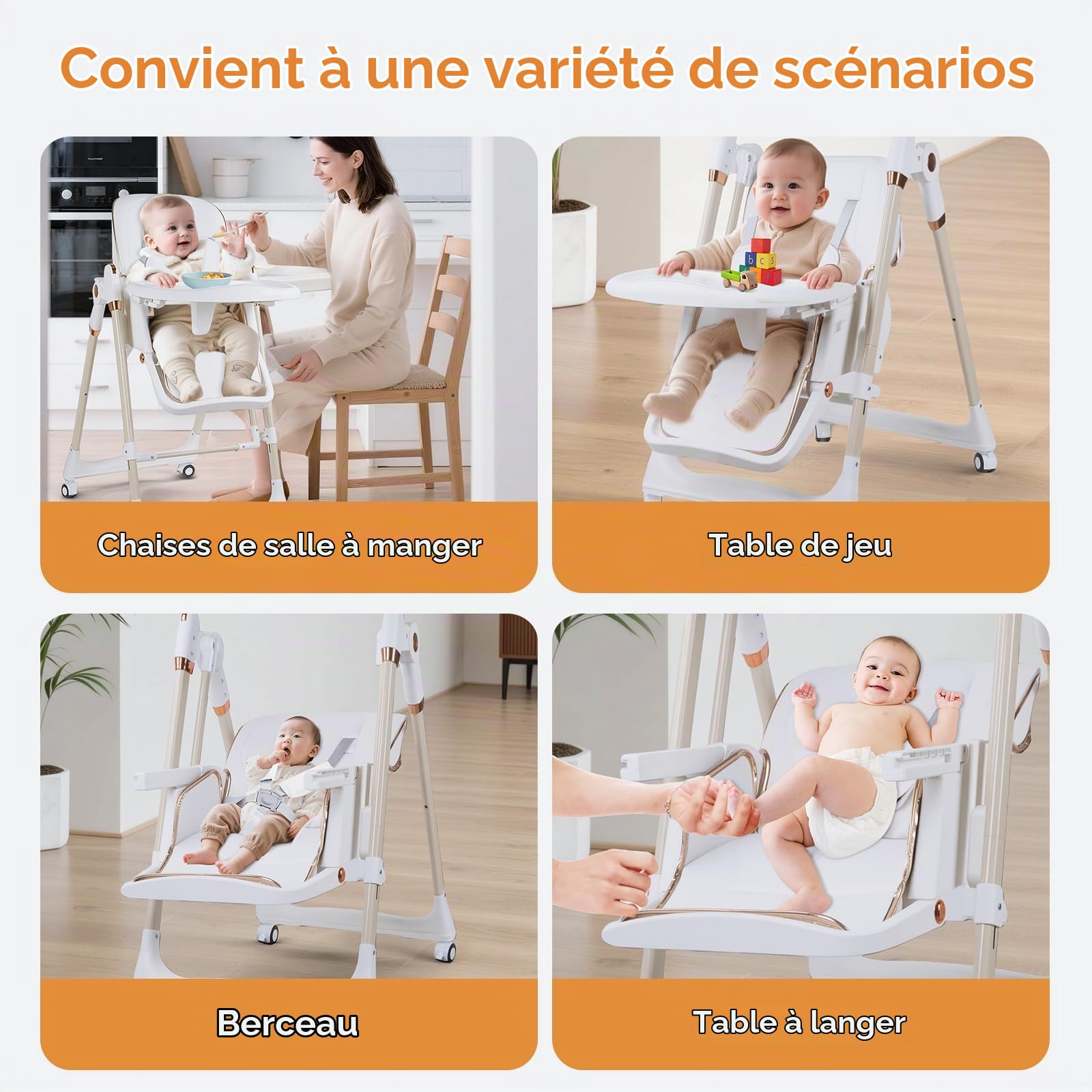 Chaise Haute 3 en 1, pour Bébé Ergonomique, Confortable, Inclinable, Pliable, avec Hauteur Réglable, Repose-Pieds, Plateau Amovible, Harnais 5 Points, 0 à 20 kg (Blanc)