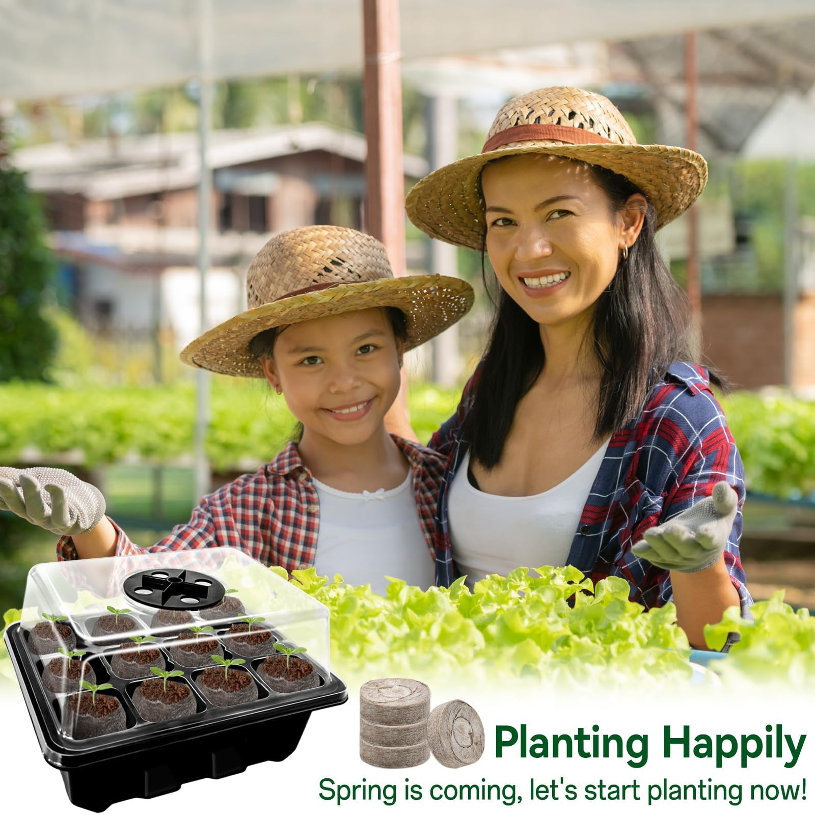 Juego de iniciación de semillas para plántulas, 50 pellets de turba y 48 celdas, mini bandejas de iniciación de plántulas de jardín con cúpula de humedad ventilada para plantas, flores y verduras