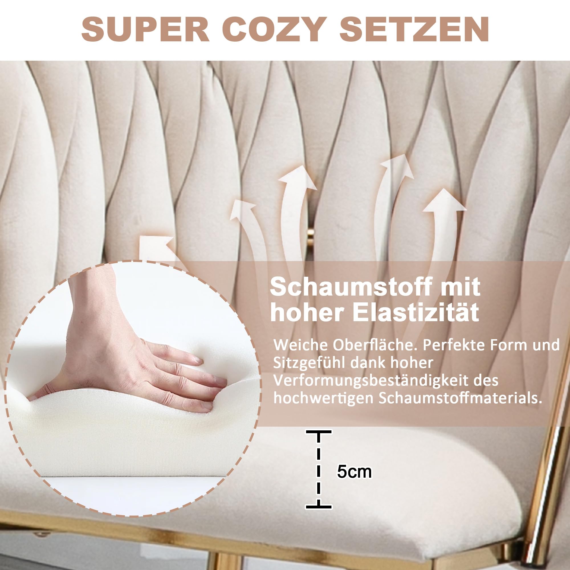 Set di 2 sedie da pranzo in velluto moderno e lussuoso con gambe in metallo dorato, elegante design intrecciato a mano e morbidi cuscini per sala da pranzo, soggiorno e camera da letto