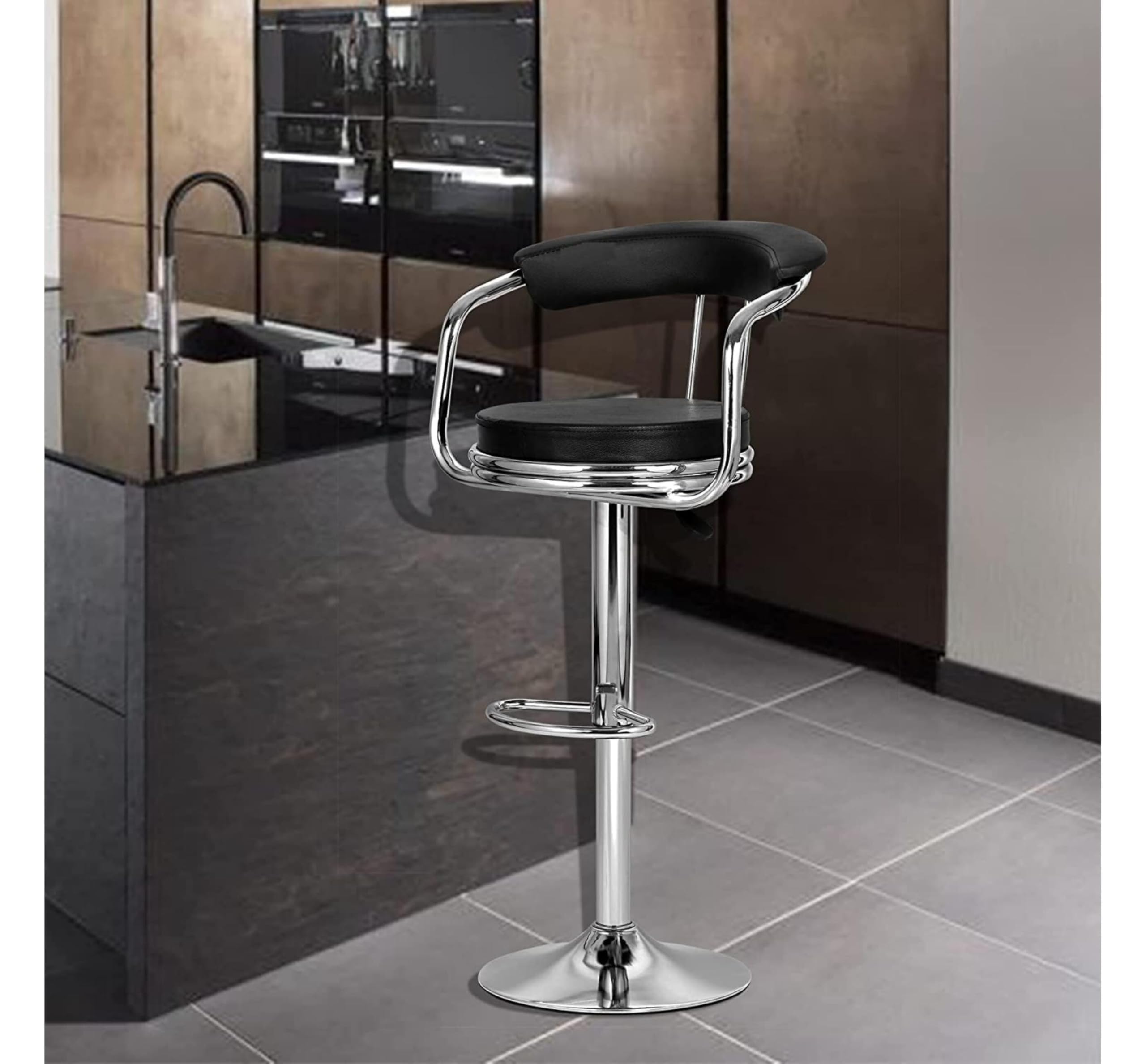 Adjustable Metal Bar Stool with 360 Swivel Seat, Leatherette Cushion & Footrest | Height Adjustable Bar Chair for Home Kitchen & Counter Table (Black)-image-7