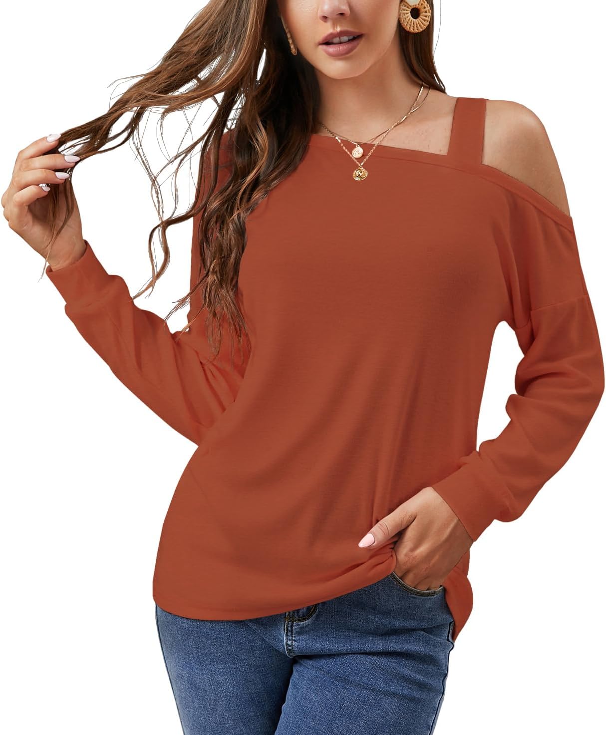 JINKESI Women's Long Sleeve Tunic Tops Casual Cold Shoulder Blouse Shirts