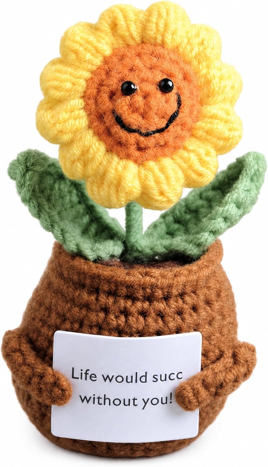 Crochet Flowers Coasters with Positive Card, 2-in-1 Handmade Coaster with Crochet Plant Pot Fun Soft Decorative Drink Coasters for Coffee Tabletop Protection Home Decor and Desk Decorations for Women