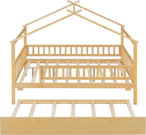 Miniatura 85 de Bellemave Cama de casa tamaño matrimonial con barandillas de valla, marco de cama de madera estilo Montessori para niños, divertidas camas de casa