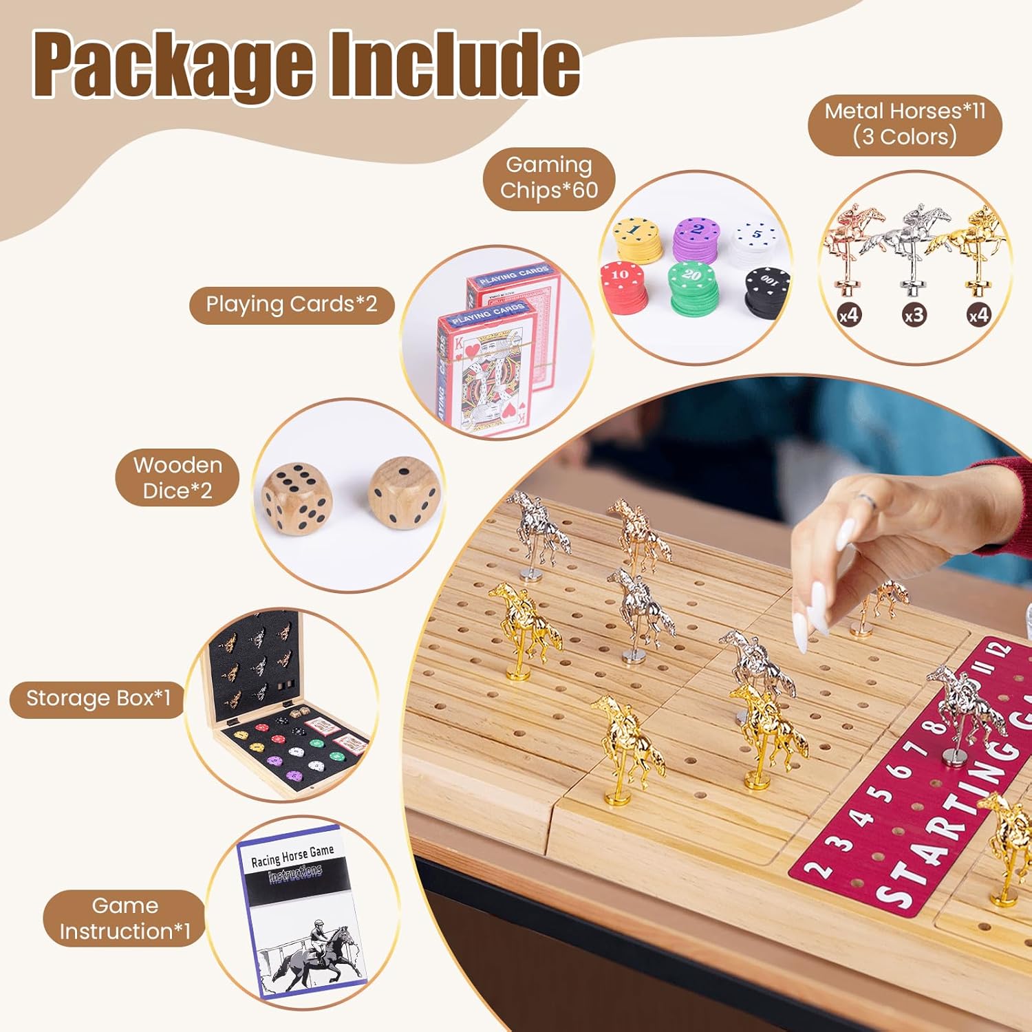 Extra Large 28 inches Foldable Horse Race Board Game for Adults,Thickened Wood Chessboard,Includes 11 Luxurious Metal Horses, 60 Chips,2 Dice,2 Boxes of Cards,Classic Wooden Table Top Board Games