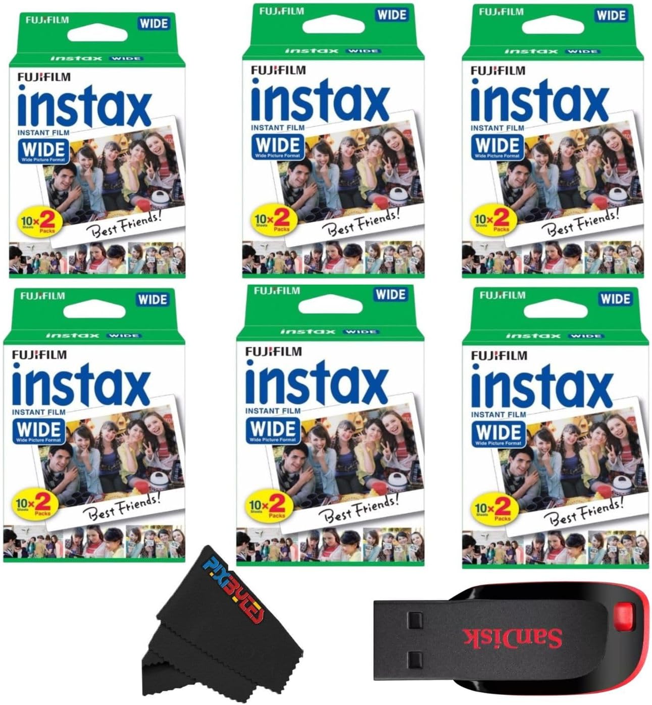 Fujifilm Instax Wide Instant Film Twin Pack with USB and PixiBytes Microfiber Cleaning Cloth... (6 Wide Pack (120 Sheets))