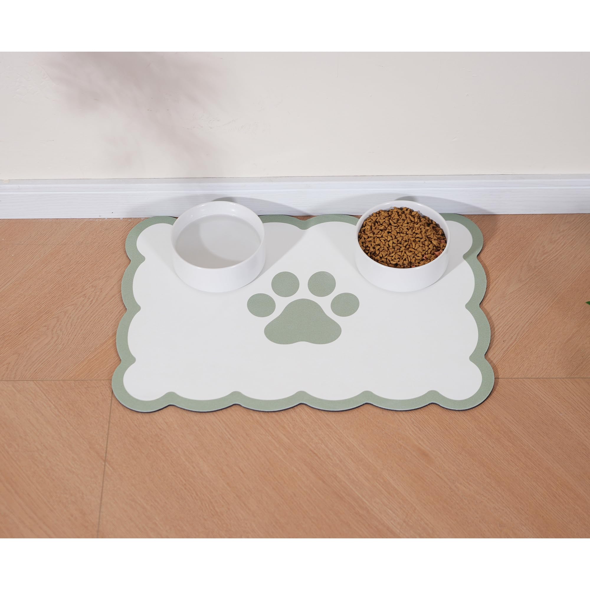 Ralxion Scalloped Dog Feeding Mat, Absorbent Mats for Dog Food and Water Bowl, Dispenser, Cute Elegant Aesthetic Preppy Sage Green Scallop Pet Placemat for Dogs, Cats, Puppy Accessories, 14" X 19”