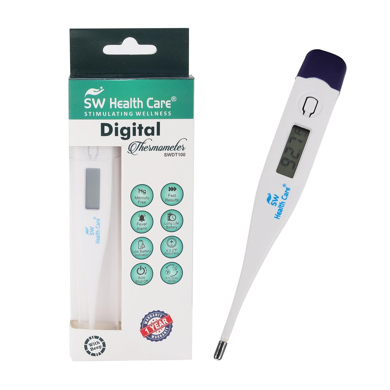 SW Health Care Digital Thermometer with Quick Measurement of Oral, Underarm Temperature in Celsius & Fahrenheit, Water Resistant for Easy Cleaning (Pack of 1)
