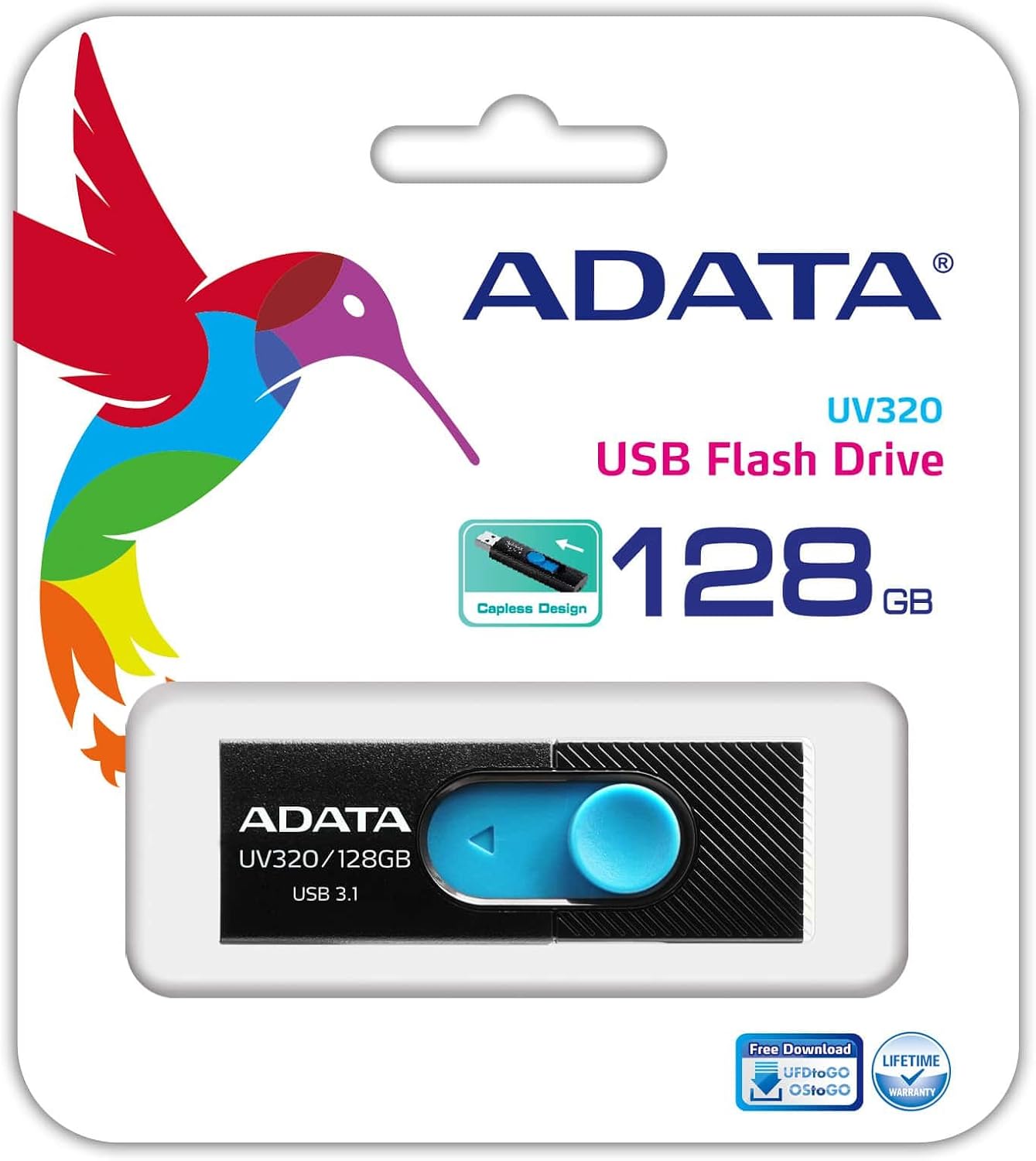 ADATA UV320 USB 3.1 128 GB Quick Slide Capless Flash Drive Black (AUV320-128G-RBKBL)