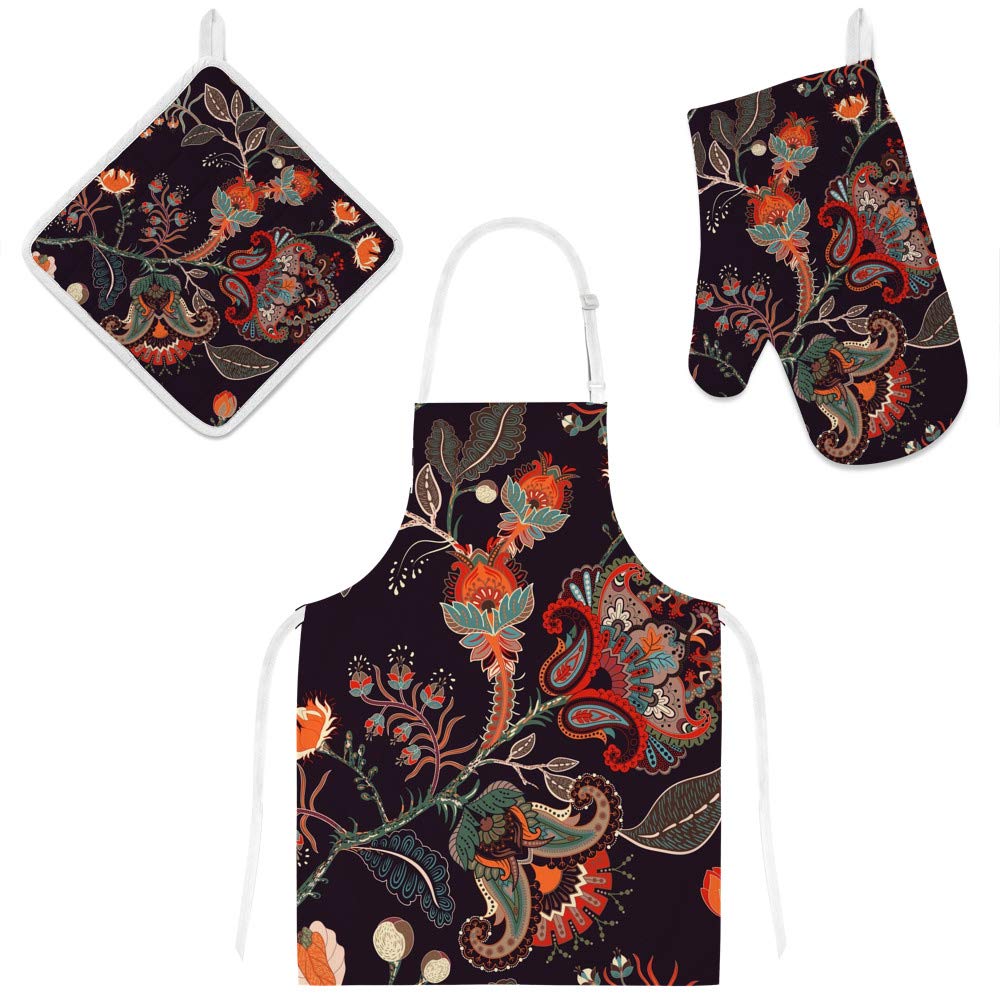 Tablier de cuisine avec poches imperméable réglable et set de gant manique 3 pièces