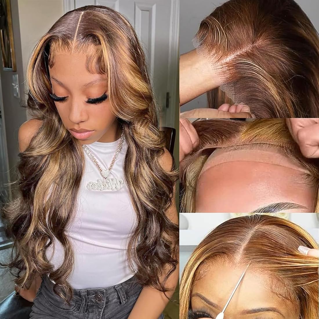 26 Inch 5x5 HD Lace Closure Wigs Human Hair Body Wave Wear and Go Glueless Wigs Pre Plucked Pre Cut P4/27 Honey Blonde Highlight Ombre Lace Front Wig Human Hair Wig 180% Density