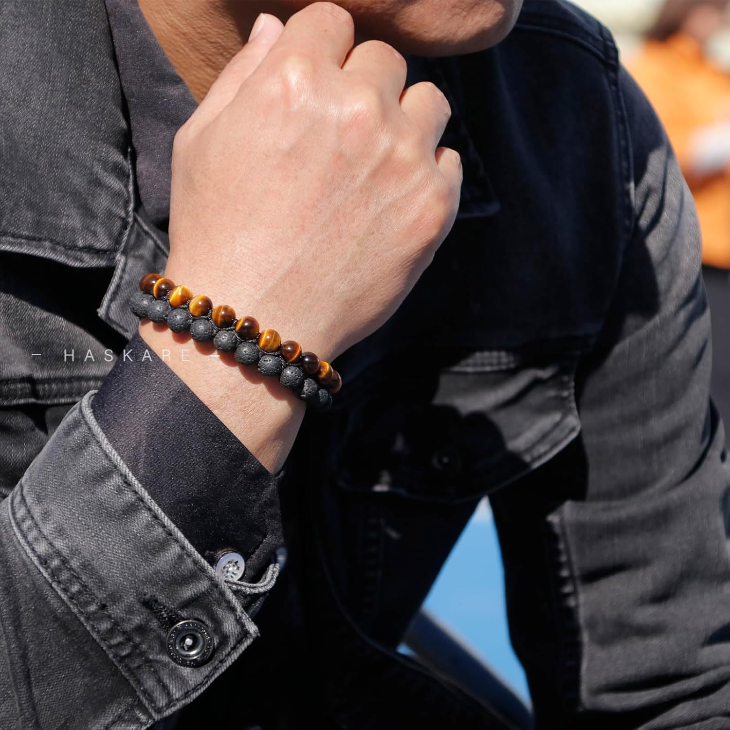 HASKARE Tigers Eye Crystal Bracelets for Men, Energy Beads Bracelet Real Tigers Eye Lava Rock Gemstone, Handmade Protection Crystal Bracelet Mens Bracelets Father Christmas Gift for Men Anxiety Relax