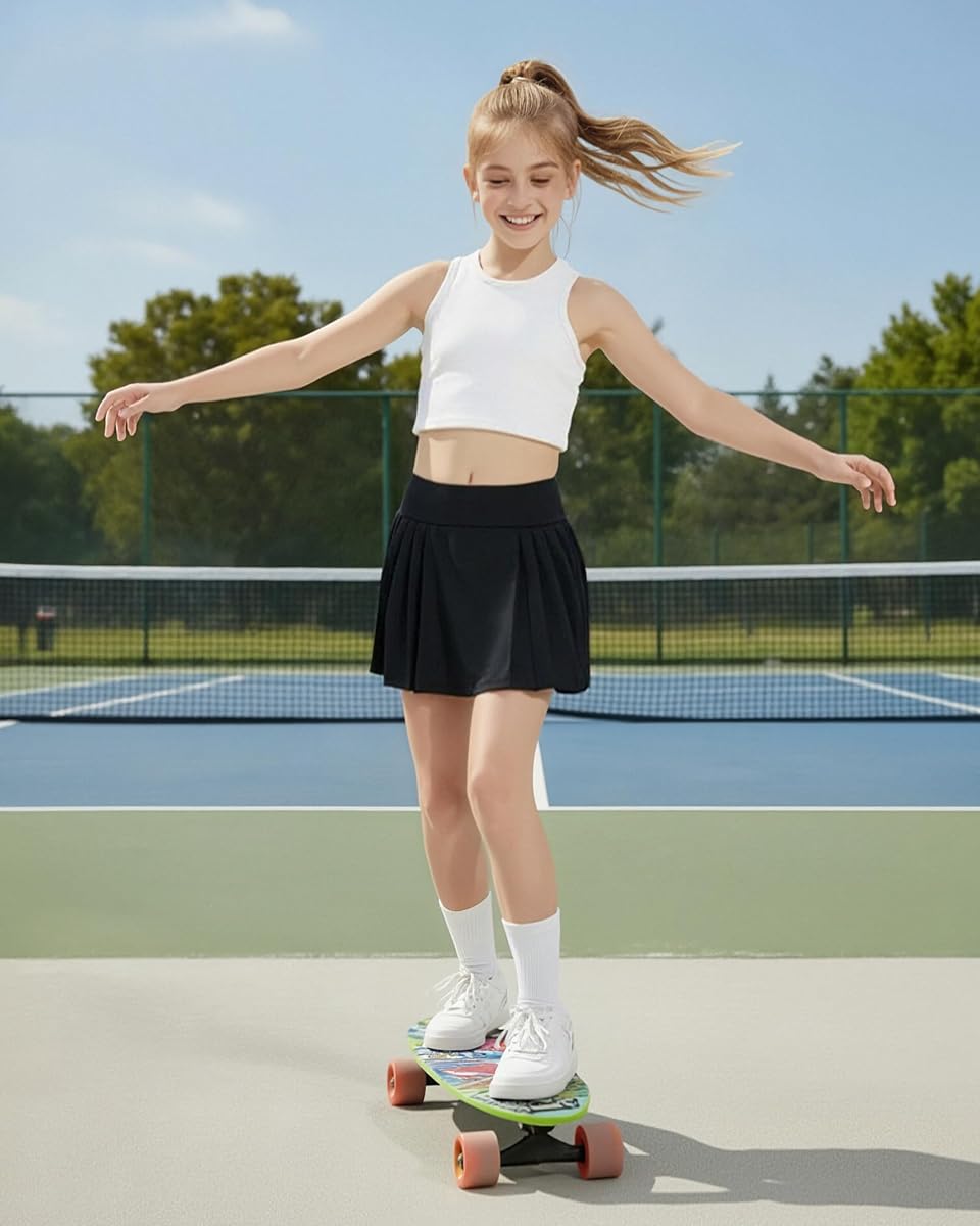 Girls Tennis Skirts Pleated Athletic Skort with Pocket for Kids Teens Golf Sports Cheer 5-14Y