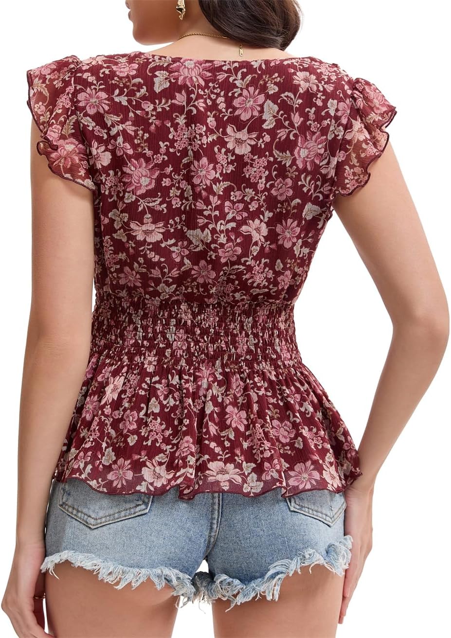 Women's Summer Sleeveless Wrap V Neck Peplum Tops Dressy Chiffon Blouses Ruffle Shirts Floral Tank Top Ruched Blouses - Image 6