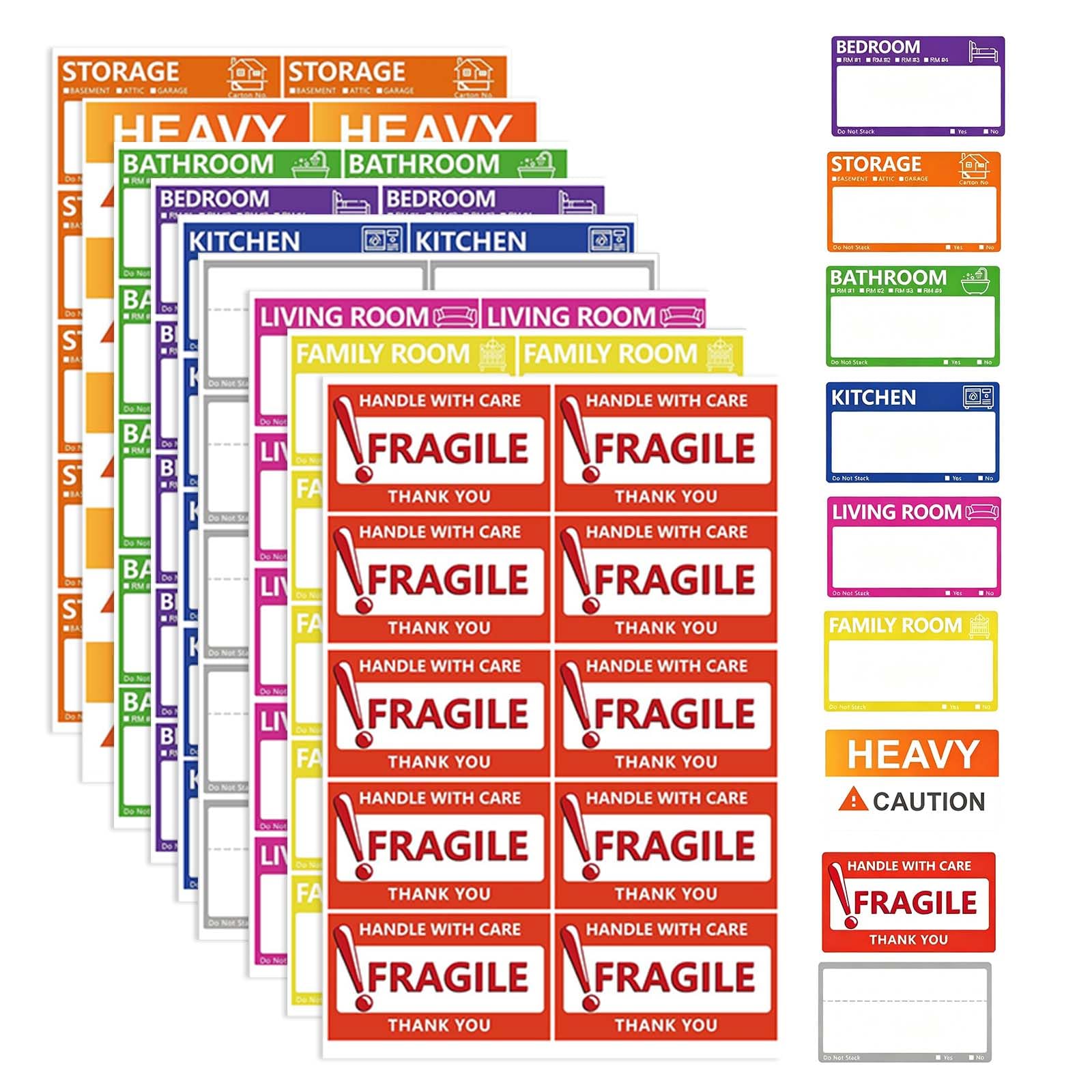 Solvio 450 PCS Home Moving Labels for Boxes, 9x5cm Large Color Coded Packing Stickers for Moving House,14Room Types including Fragile&Heavy,Writable Notes Area, Strong Adhesive House Moving Essentials