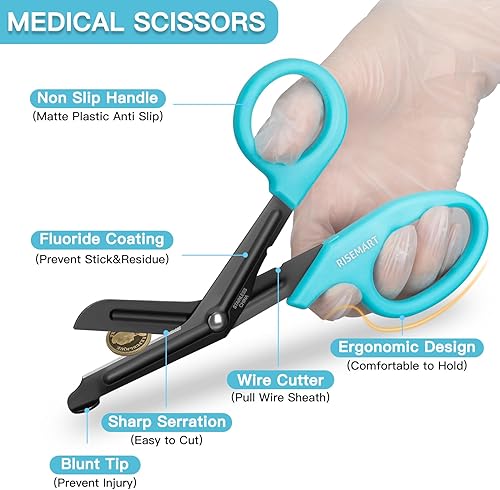 Miniatura 8 de Tijeras de trauma  RISEMART Tijeras médicas vendaje para enfermeras, 7.5 pulgadas, cuchillas antiadherentes recubiertas de fluoruro de acero