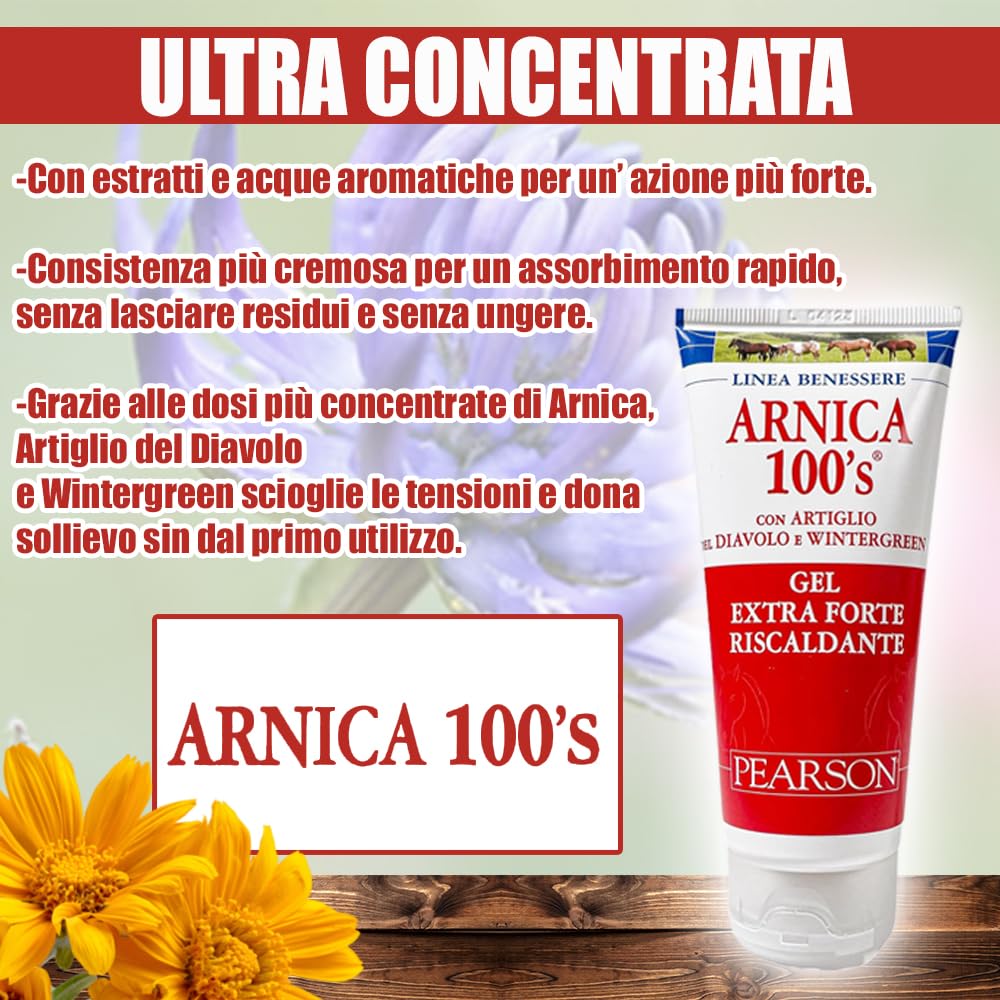 ARNICA 100'S® - Arnica para Caballos, Gel Extrafuerte Calentante Pearson [100ml]. Crema de Árnica Fuerte con Artejo del Diablo y Genciana. Pomada Descontracturante y Relajante (100 ML)