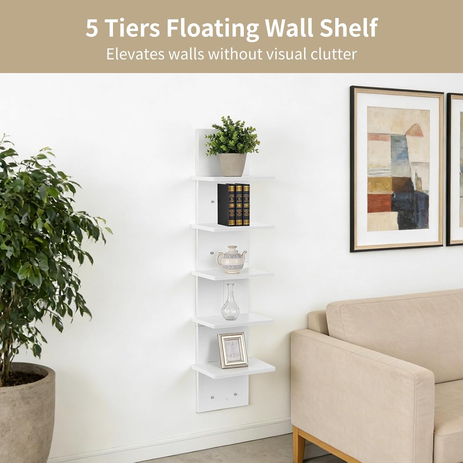 5 Tiers Floating Wall Shelf, Small Vertical White Floating Shelf for Narrow Spaces, Modern Wall-Mounted Decorative Shelves for Bedroom Living Room, Lightweight Wood-Plastic