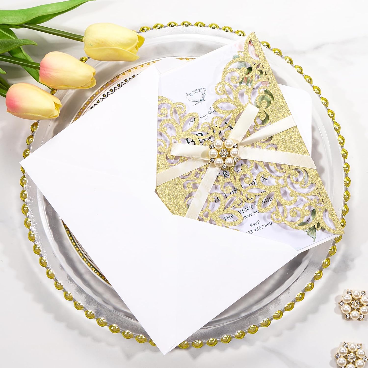 25 PCS Gold Personalized Wedding Invitation Sleeve Glitter Laser Cut Invitations with Pearl Buttons Hollow Out Flower Shaped for Wedding QuinceañEa Baby Bridal Shower Engagement (Blank Inner Sheet No Patterns or Text)