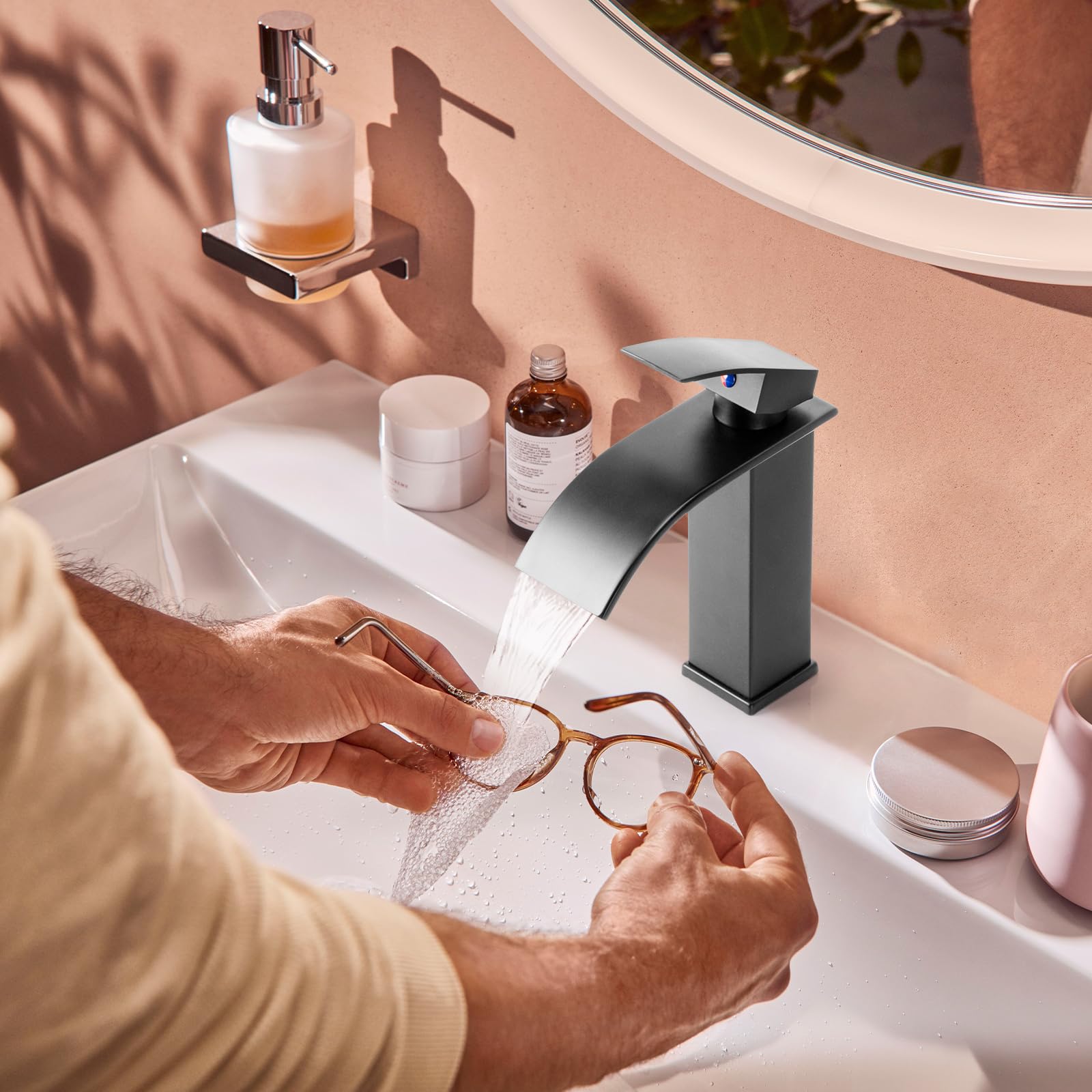 Grifo Lavabo Cascada Grifo de Lavabo Baño Grifo Monomando Lavabo Moderno Grifo de Baño Cascada Mezclador de Lavabo Agua Fría y Caliente Disponibles(Gris)