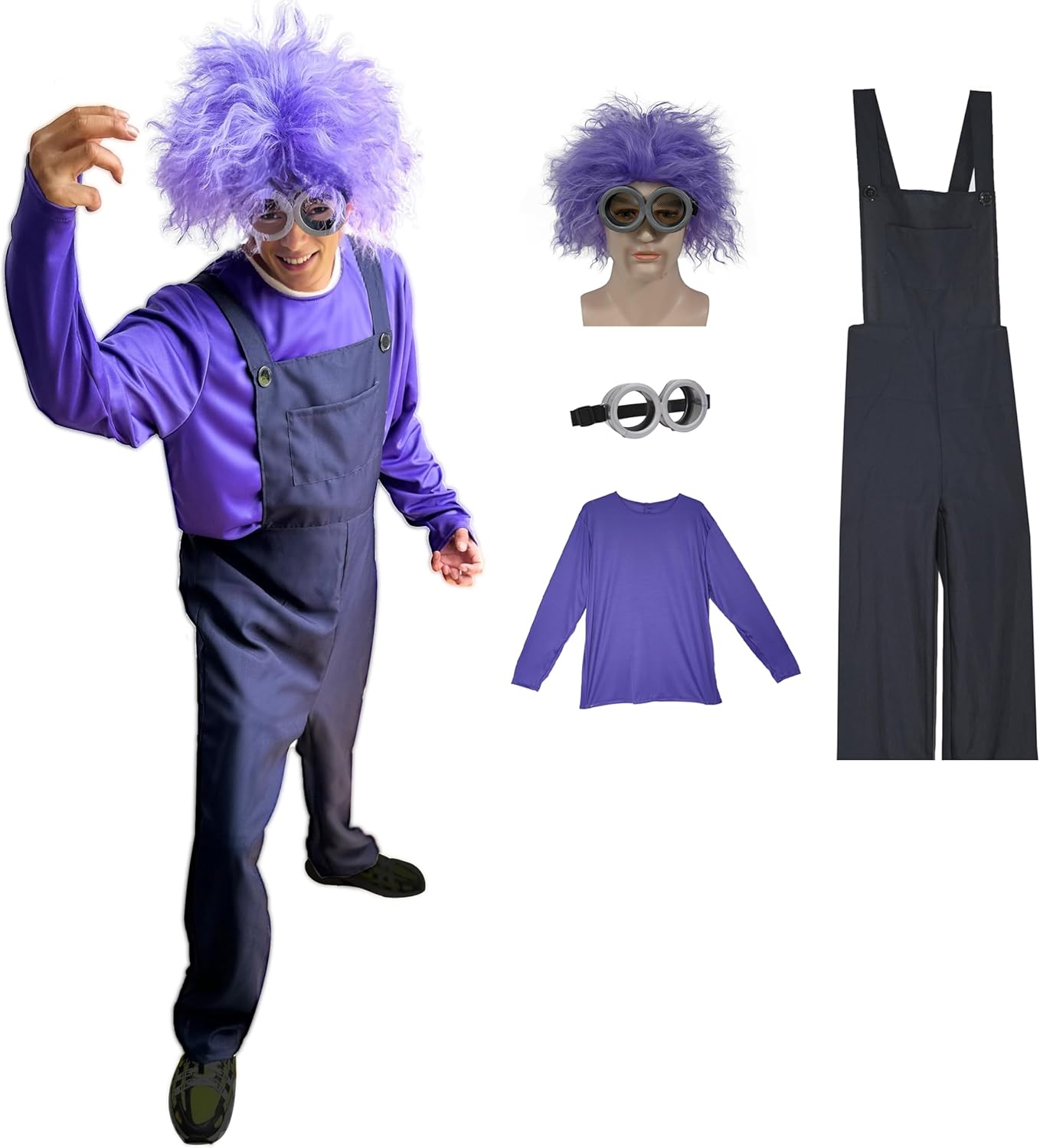 Halloween Evil Costume Onesie Adult with Goggles Glasses,Purple Culry Fluffy Wig for Women Men Cosplay Party Set