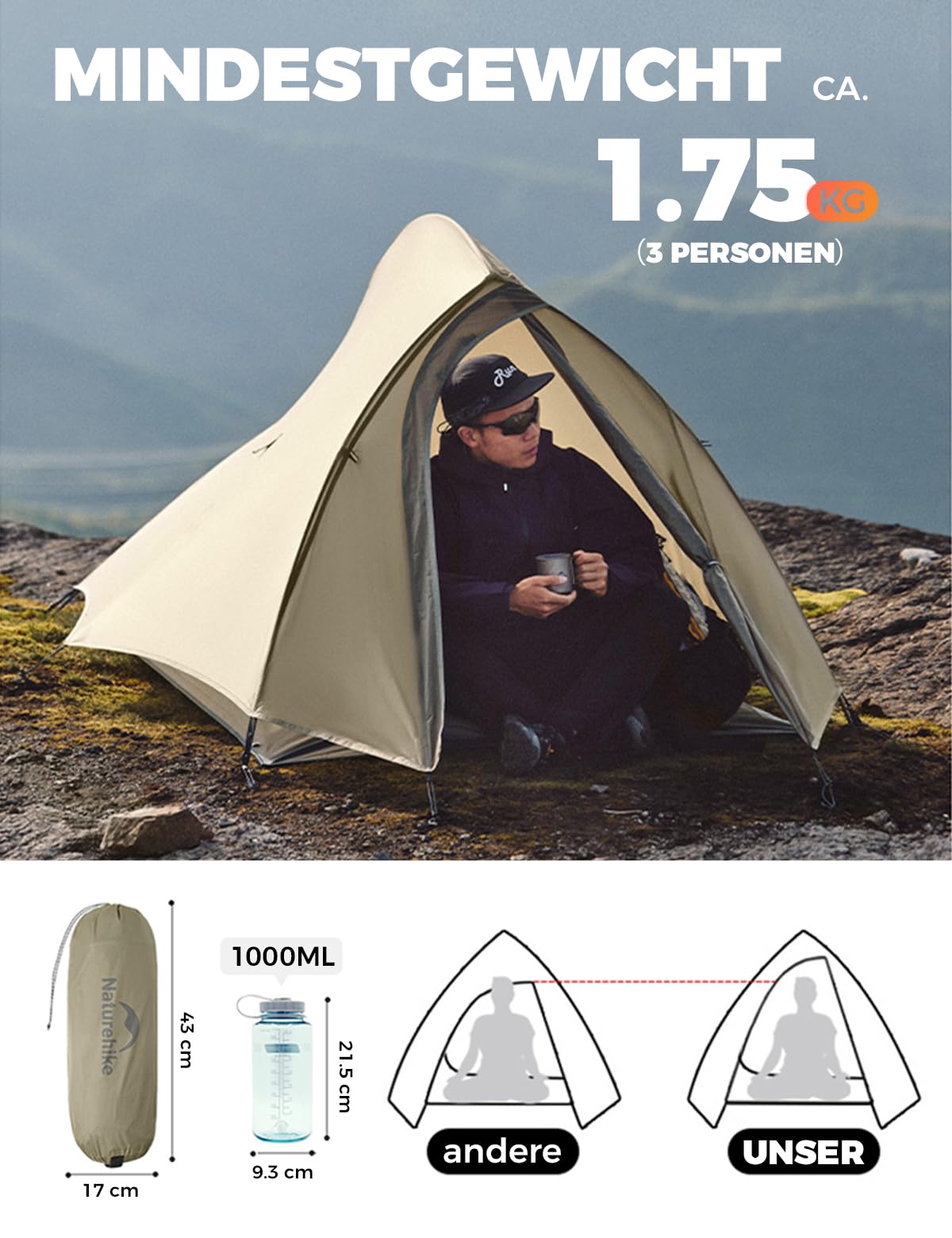 Naturehike Cloud Up 2 Pro Zelt 2/3 Personen Ultraleicht 20D
