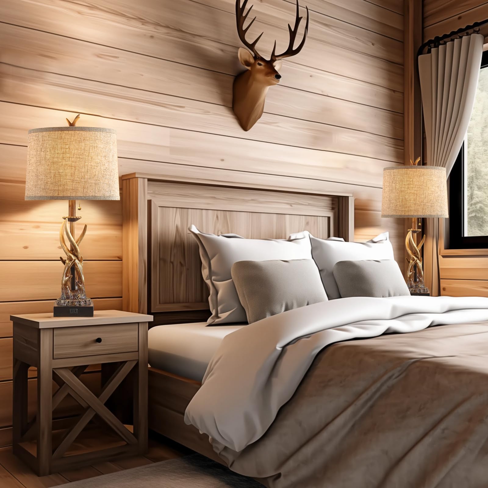 Set di 2 lampade da tavolo rustiche con corna di cervo, per camera da letto, casale, comodino, con porte USB A+C, per soggiorno, tavolo da caccia a tema, lampada da cabina con catena a tirante