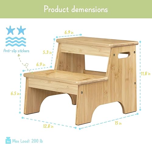 Miniatura 6 de Forbena Taburete de baño de madera para niños pequeños, taburete resistente de 2 escalones para fregadero de baño, encimera de cocina, madera de