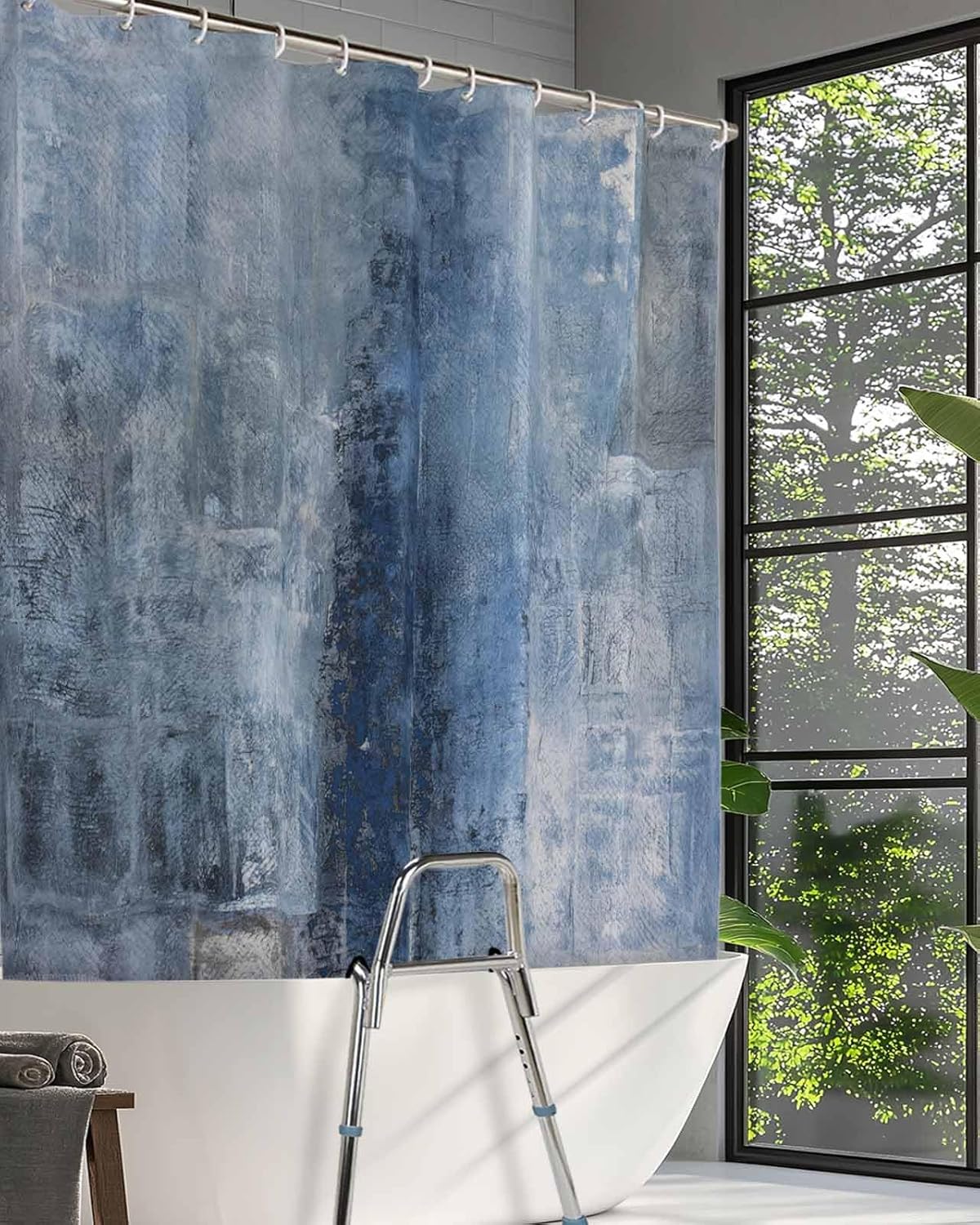 Split Shower Curtain for Transfer Bench, Blue Oil Painting Fabric Shower Curtains for Bathroom, Modern Abstract Graffiti Street Art Tub Sliding Transfer Bench Waterproof Bath Curtains 72x78 Inches