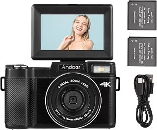 CIADAZ Câmera digital portátil com tela giratória TFT de 3,0 polegadas 48MP 4K Ultra HD 16X Zoom Suporte 128GB de memória estendida anti-vibração com 2 baterias pcs Cartão de memória de 32GB