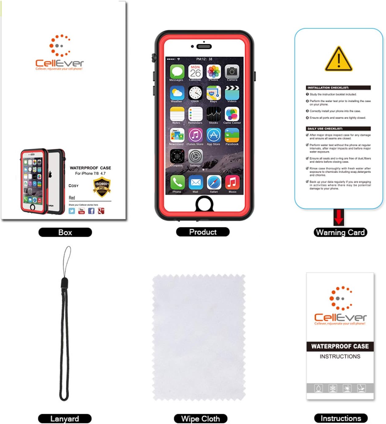 CellEver Waterproof Case for iPhone SE 2020 / iPhone 8 / iPhone 7, 4.7-Inch, Clear Waterproof IP68 Certified Shockproof Sandproof Snowproof Full Body Sealed Protective Transparent Cover KZ (Red)