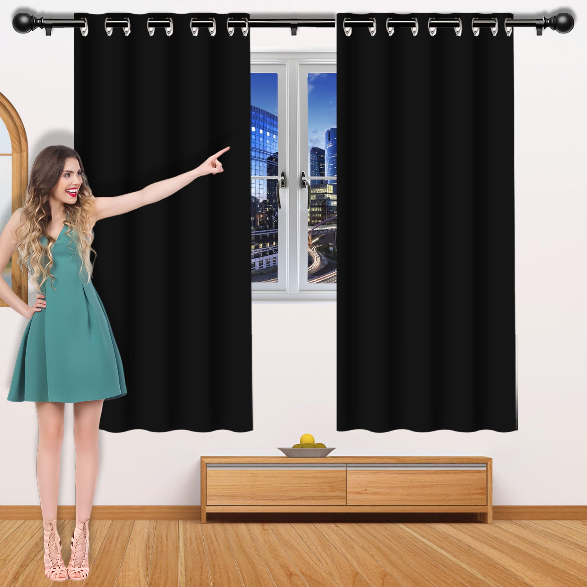 Rideau occultant thermique 295 x 280 cm noir à oeillets pour salon