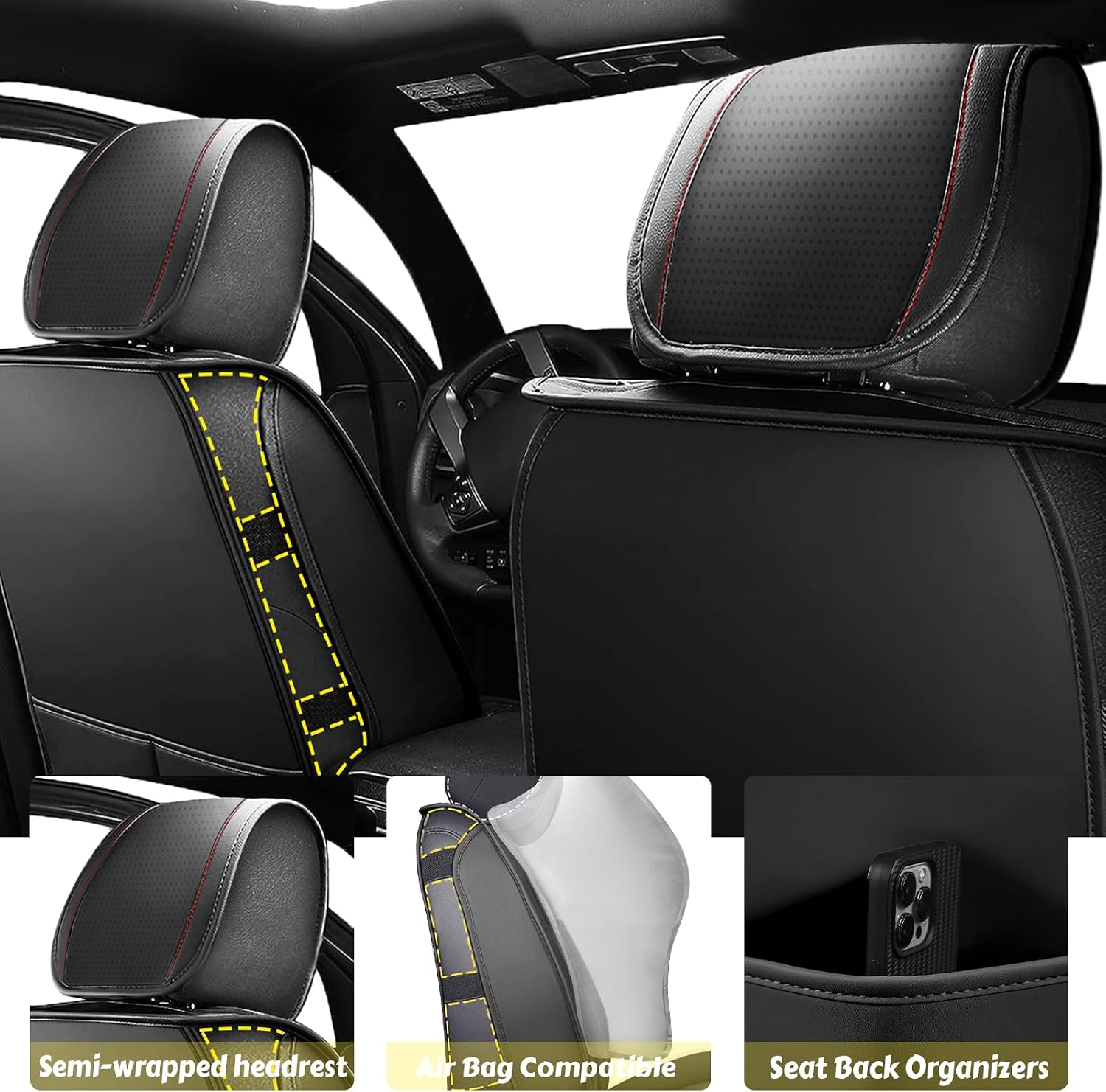 ILMO Fit for 2007-2026 Chevrolet Silverado 1500 Seats Cover, Full Coverage Waterproof Leather Pickup Seat Protectors with Compatible Airbag(Black&Red, Full Set)