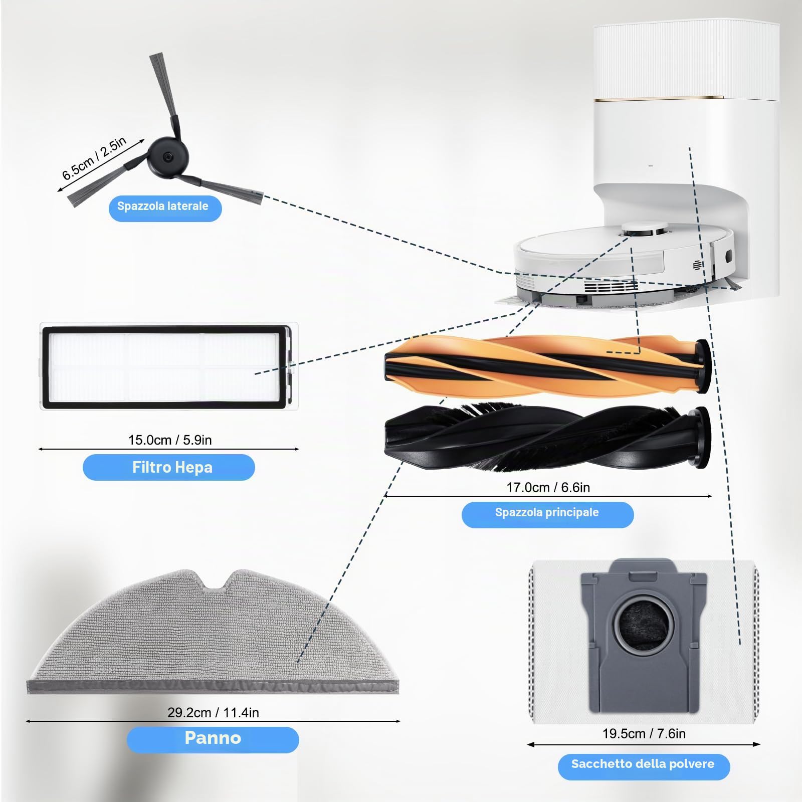Set di accessori per Dreame D20 Pro Plus robot aspirapolvere. 2 spazzole principali, 4 filtri Hepa, 4 cuscinetti tergicristalli, 4 spazzole laterali, 4 sacchetti per la polvere, 1 spazzola