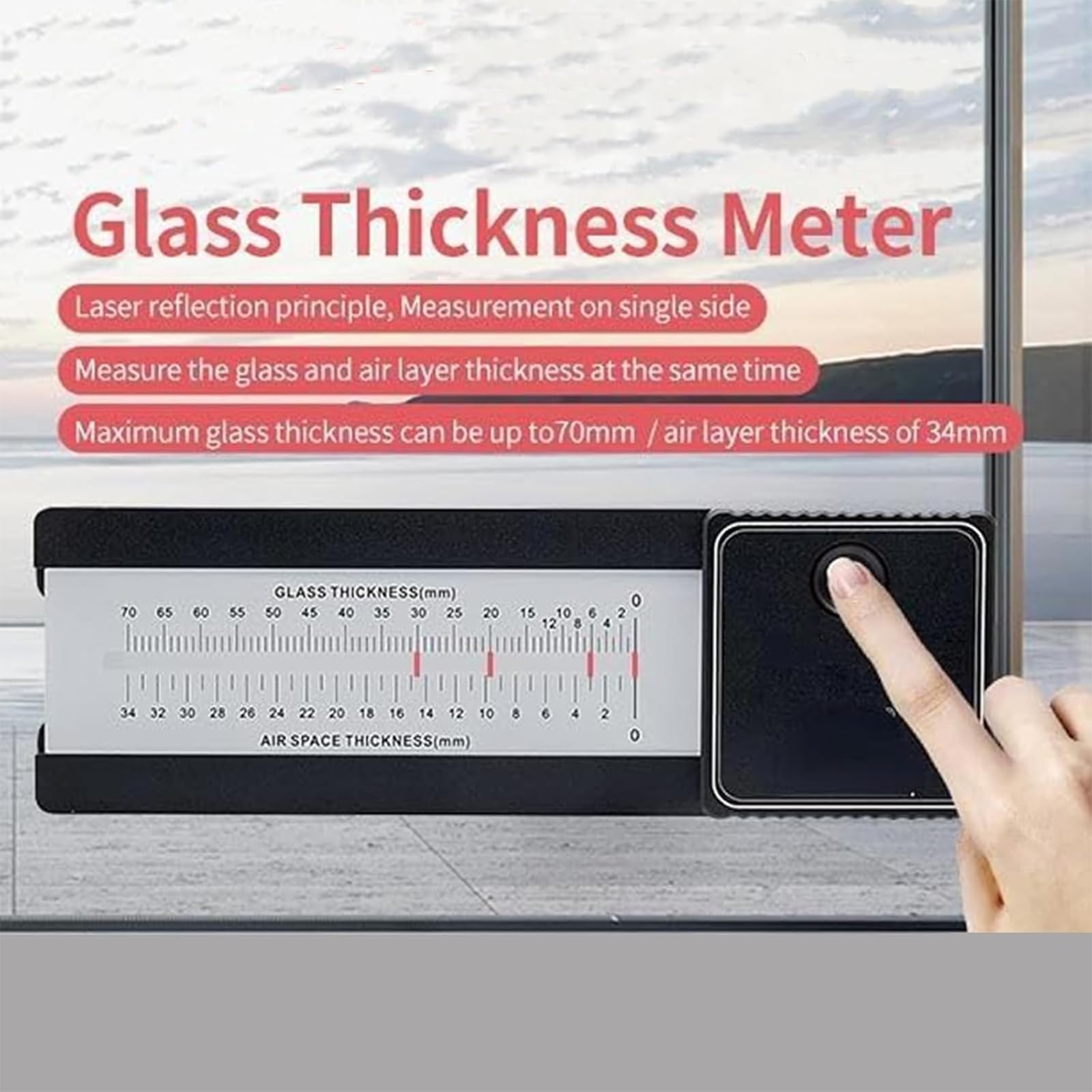 Medidor De Grosor De Vidrio Digital, Medidor De Espesor De Vidrio, Con Pantalla De Escala, Precisión ± 0.5 Mm, Espesor De Vidrio 70 Mm, Intervaliante De Aire 34 Mm, Para La Construcción De Ingeniería