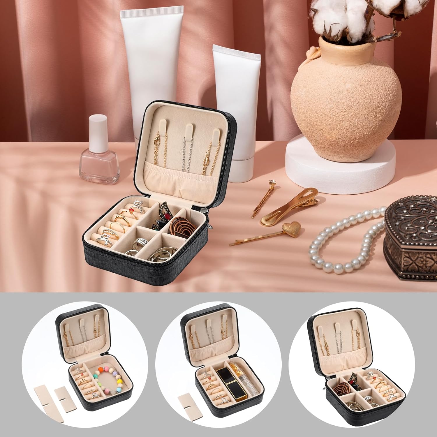 MAQUITA 12 Pcs Mini Travel Jewelry Case Bridesmaid Proposal Gift Boxes Small Jewelry Organizer PU Leather Earring Organizer Box Bulk Travel Accessories Portable Travel Jewelry Holder, Black
