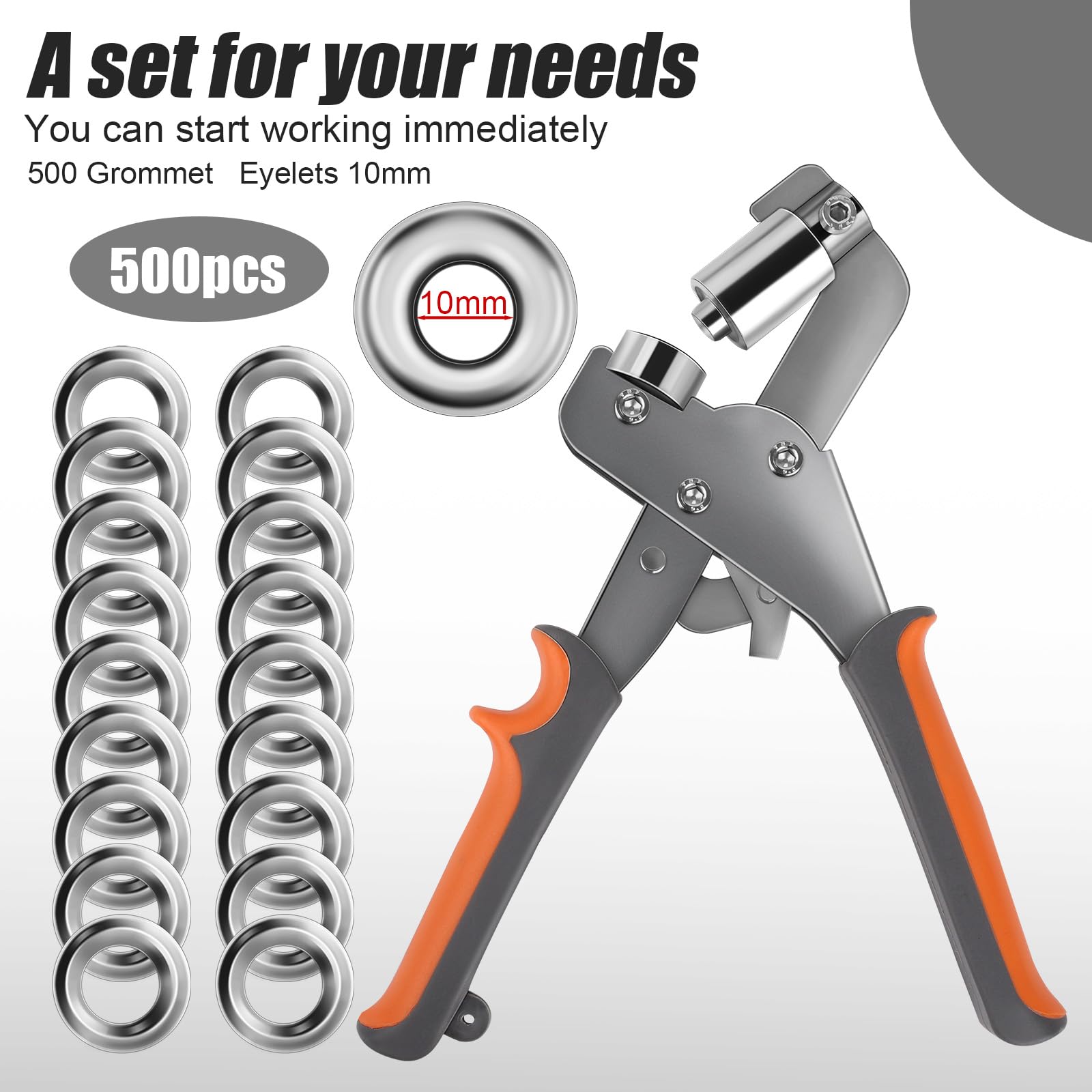 Set di pinze per occhielli professionali con 500 occhielli (diametro 10 mm), pinza magnetica per teloni, pressa manuale in acciaio temprato, punzonatura per occhielli per teloni, tessuti, striscioni,
