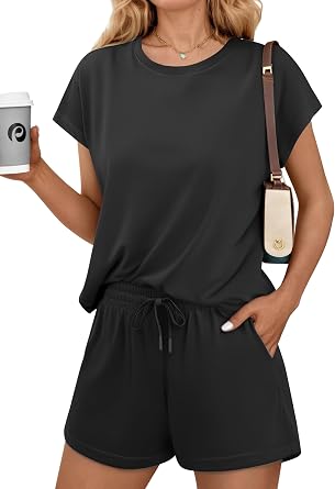 PINSPARK 2 Piece Sets for Women Short Sleeve Summer Lounge Set