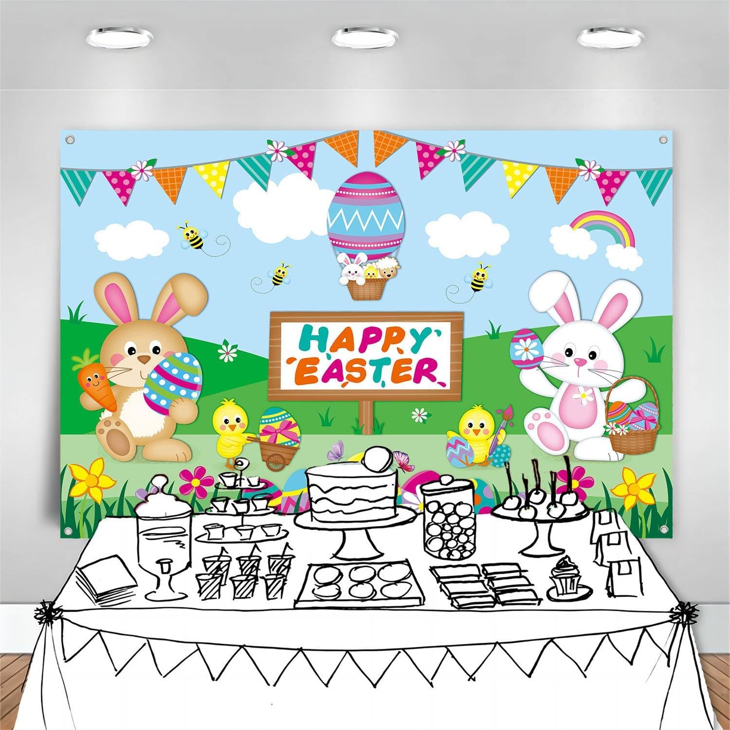 Happy Easter Banner Backdrop for Photography Spring Easter Party Decorations for Kids Colorful Eggs Rabbits Bunny Birthday Background Fabric Wall Decor Indoor Outdoor 5x3ft