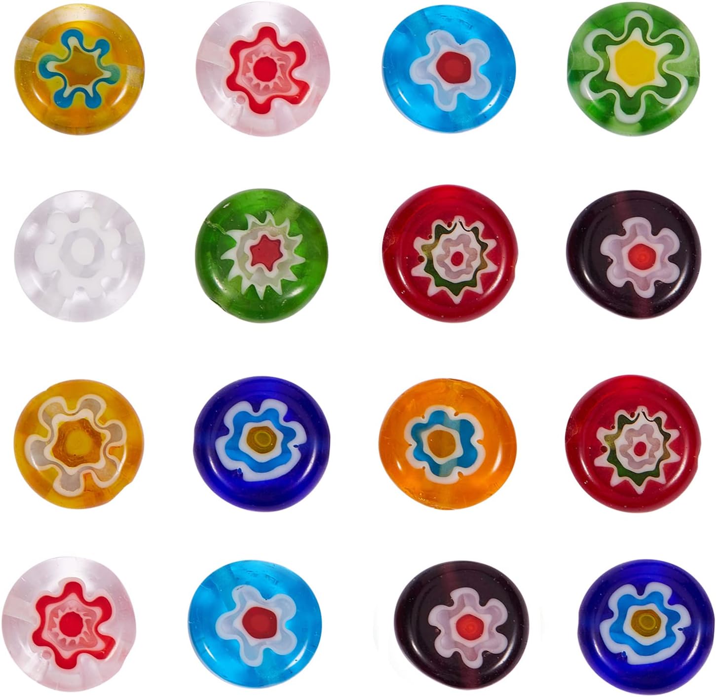 DanLingJewelry84pcs Random Color Handmade Millefiori Lampwork Flat Round Beads Glass Flower Round Loose Beads for DIY Jewelry Making