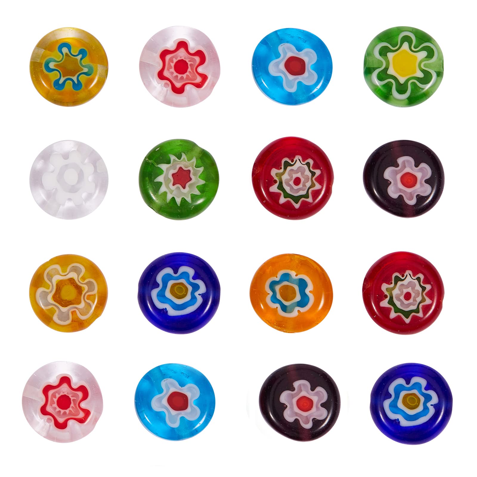 DanLingJewelry84pcs Random Color Handmade Millefiori Lampwork Flat Round Beads Glass Flower Round Loose Beads for DIY Jewelry Making
