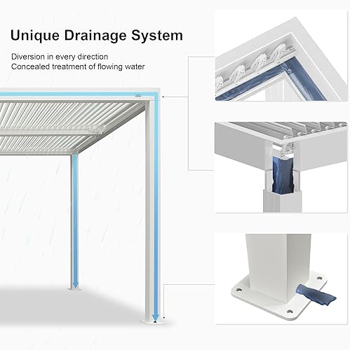 Miniatura 7 de PURPLE LEAF Pérgola de aluminio blanco de 10 x 14 pies para exteriores, pérgola moderna con 2 techos rígidos ajustables independientemente a prueba