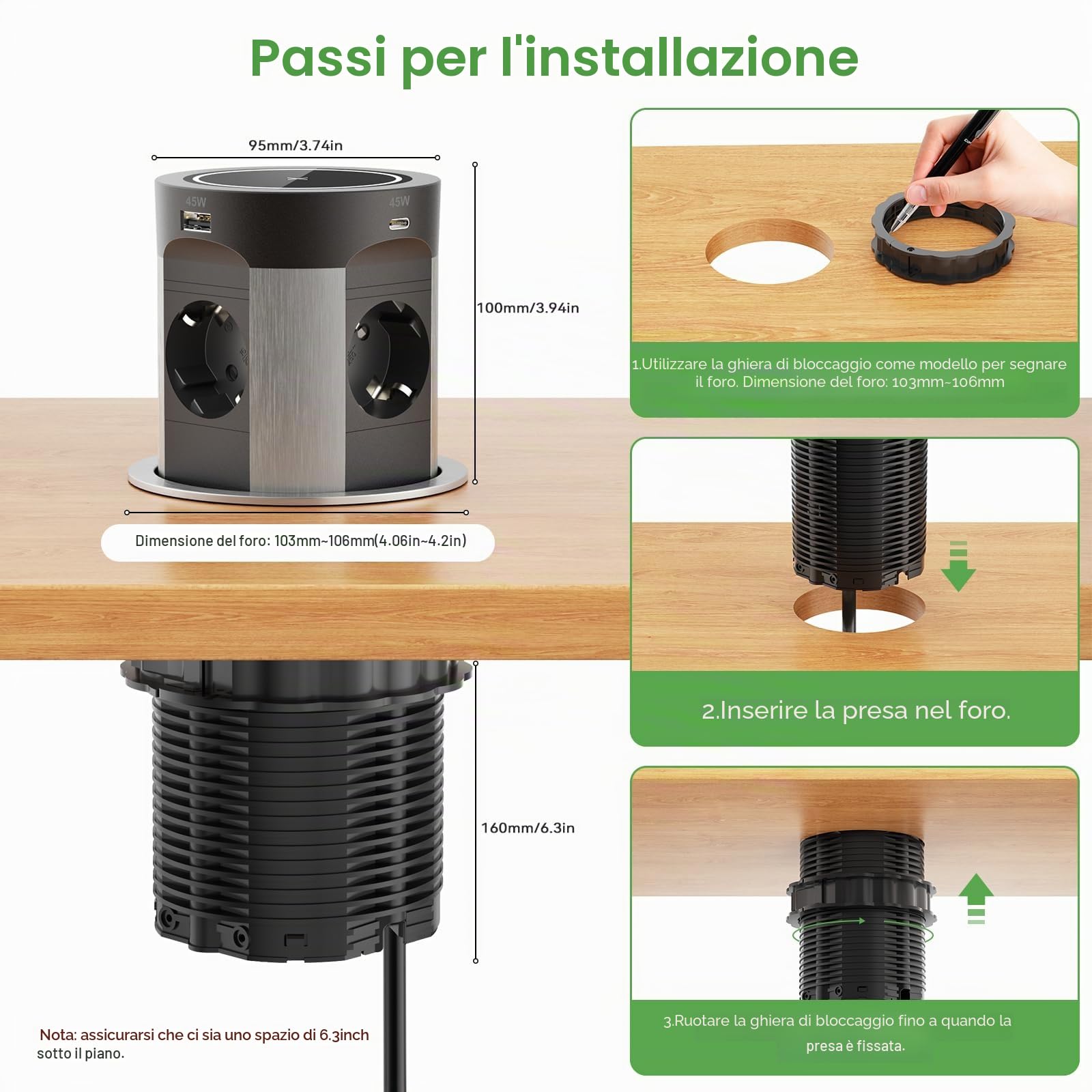 Presa a scomparsa con USB C PD 75W, presa da incasso con caricabatterie wireless da 15W, presa da tavolo a 4 prese a scomparsa per piano di lavoro in cucina, cavo da 1,8 m, Nero