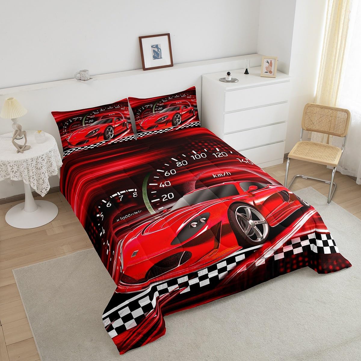 Feelyou Red Black Race Car Comforter Queen, Ombre Racing Car Comforter Set Boys GirlsRed Ombre Srtiped Bedding Set Kids Toddler Speed Sports Car Duvet Set Bed Set 3Pcs Reversible