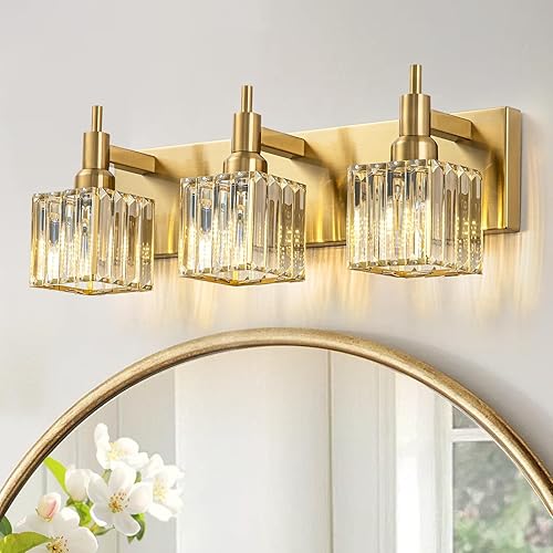 Miniatura 1 de Luces doradas para tocador de baño, 3 luces, accesorios de iluminación de baño de cristal sobre espejo, lámpara de pared moderna de cristal dorado