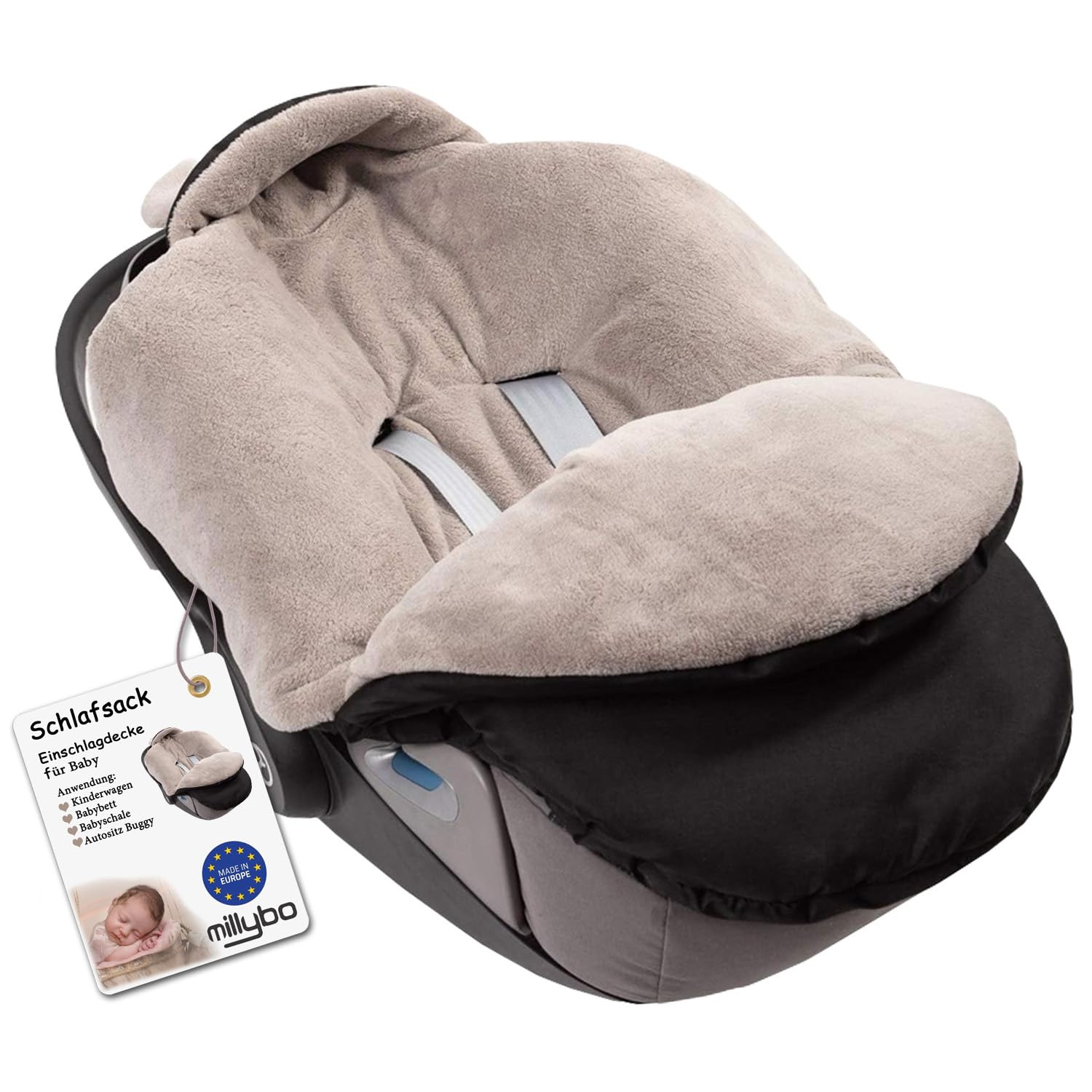 millybo Fußsack Baby Einschlagdecke für Winter geeignet für Kinderwagen Babyschale Babybett Autositz Buggy (600.300 Nylon schwarz- Minky Latte)