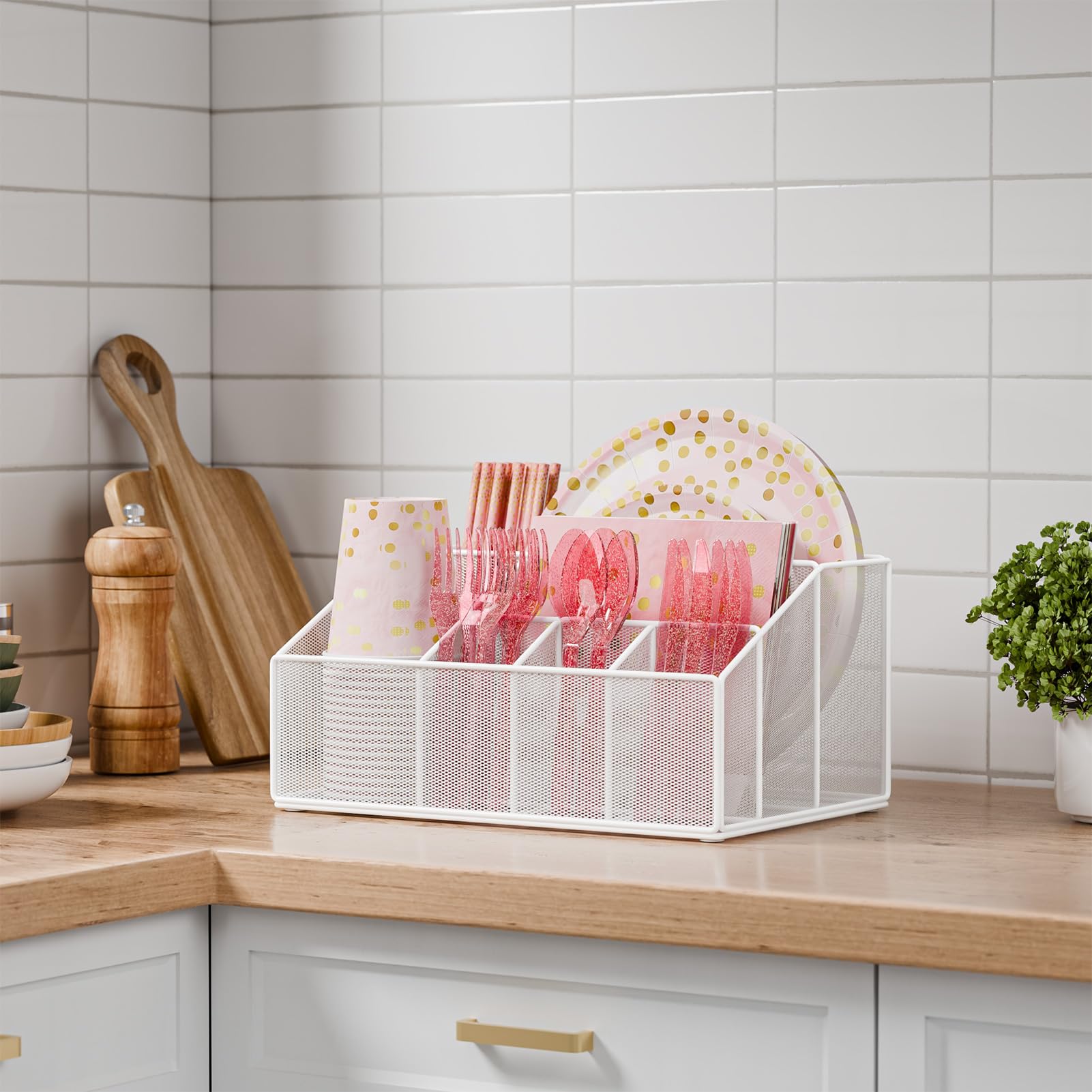 Dispensador de platos de papel de graduación de metal, soporte desechable para utensilios de cocina, para fiestas, servilletas, cubiertos y cubiertos para encimera de cocina, color blanco