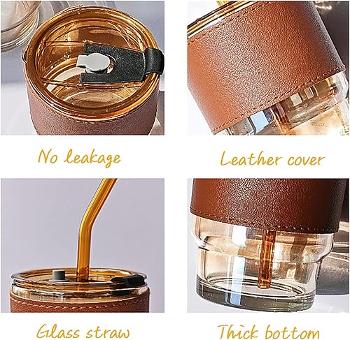 Miniatura 5 de A.W - Taza de vidrio para agua de 14 onzas líquidas con tapa, funda protectora de piel, con popote y boca ancha, para batidos, taza sellada de