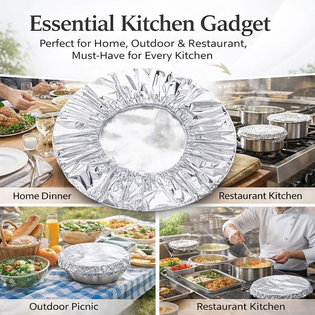 Aluminum Food Covers with Elastic, Reusable Aluminum Foil Food Insulation Covers, Fits 3.93-14in Containers, Thickened Heat-Resistant (for 3.93"-14",20)