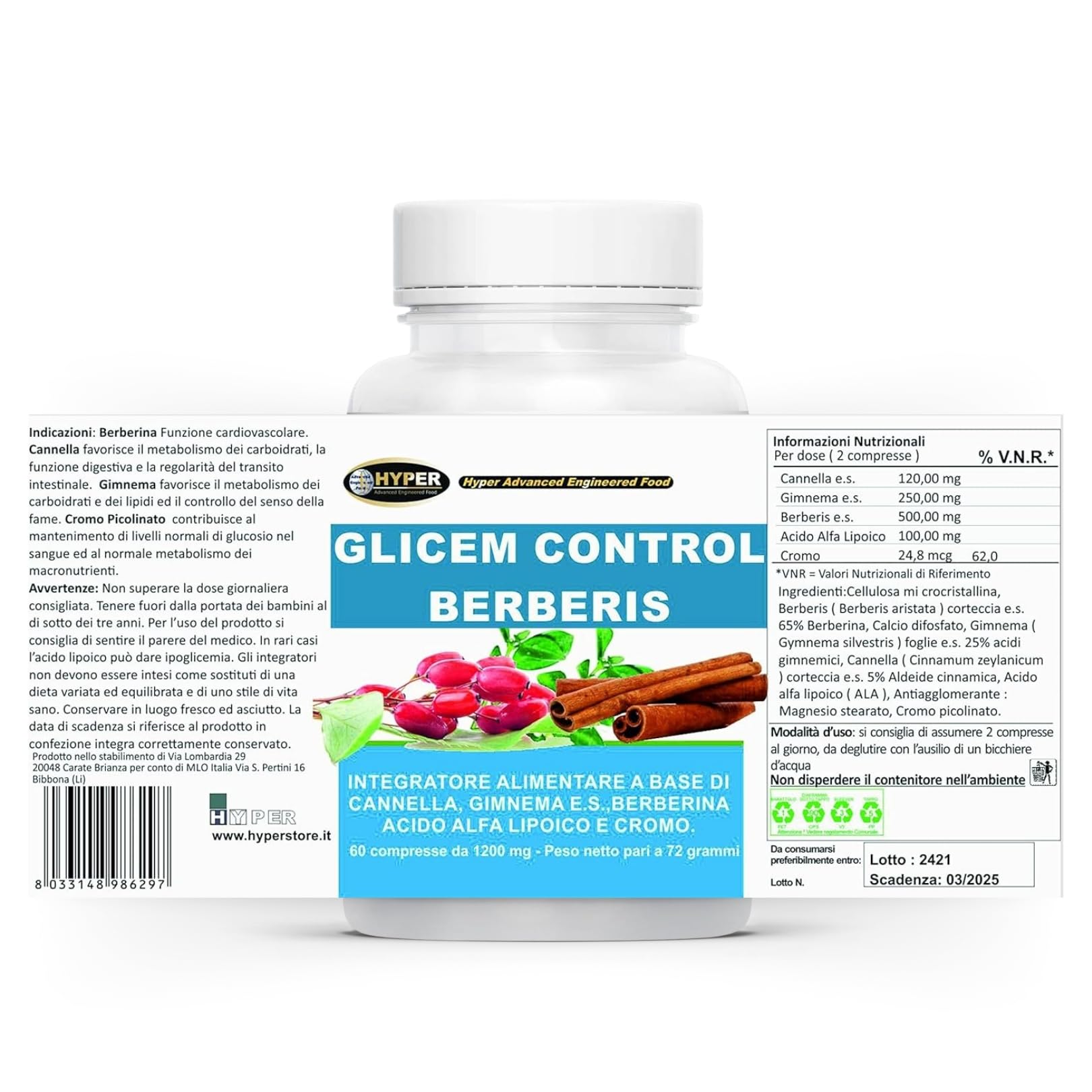 GLICEM CONTROL BERBERIS 300 Compresse Berberina Cannella Gymnema Acido Alfa Lipoico Cromo Livello di Glicemia Metabolismo